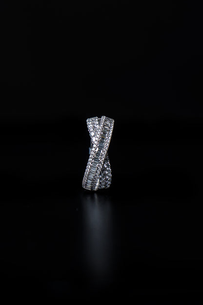 18K White Gold Natural Diamond Double Crossed Baguette Ring